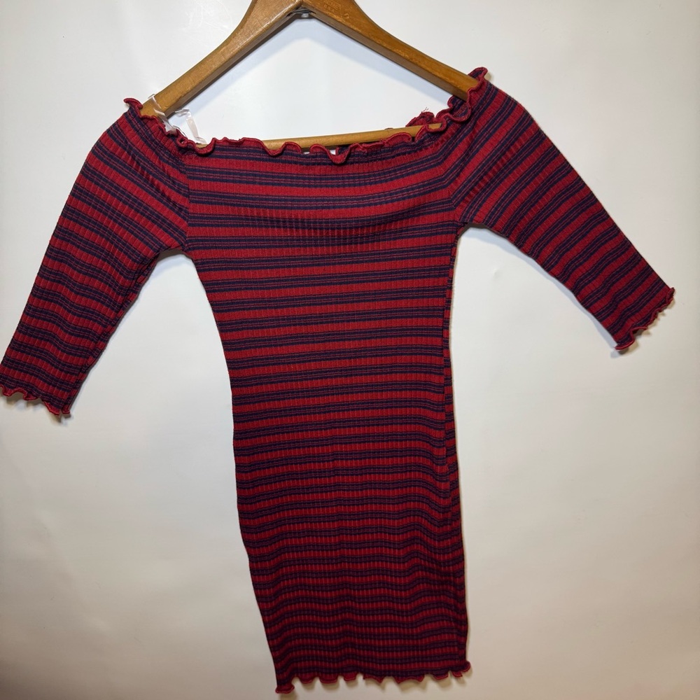 Womens Feathers Sm Navy Red Striped Scallop Edge Fitted Dress LS Nautical Preppy